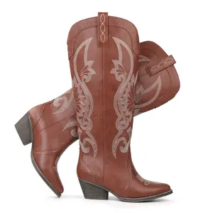 Hawkwell Women's Cowboy Boots - Slip-On, Pointed Toe, Block Heel, Classic Embroidered Pull-On Tall Knee-High Dress Western Shoes, Cowboyboots
