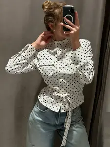 Casual White & Black Polka Dot Jacket Womenswear Women's Jacket Spring Fall 2026 Elegant Women's Cropped Button Down Shacket Long Sleeve Top Outerwear Coats New Arrival Adjustable Tie Waist Big Pockets Shirt Jackets
