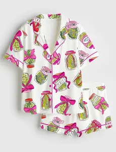 Pickle Lover Pajama Set with Pink Bows, Satin Pajama Pickle Lover Bow Nightwear Women Gift, Sleepwear Pickle Set