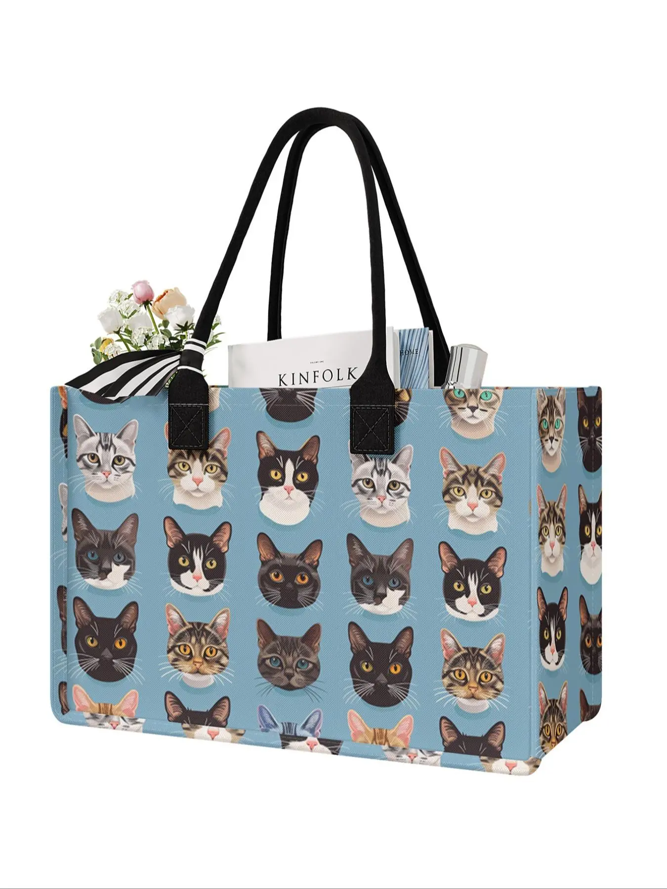 Cat Pattern Tote Bag Set, Including 1 Tote Bag & 1 Cosmetic Bag & 1 Beach Bag & 1 1964 Poster, Casual Versatile Bag Set for Women, Casual Commuter Bag