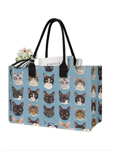 Cat Pattern Tote Bag Set, Including 1 Tote Bag & 1 Cosmetic Bag & 1 Beach Bag & 1 1964 Poster, Casual Versatile Bag Set for Women, Casual Commuter Bag