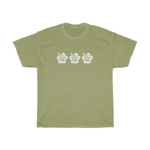 Hibiscus Flower Shirt - Olive Green, Short Sleeve, Crewneck, Comfortable Cotton for Women, Casual Basic Top for Daily Summer Wear Fabric Womenswear Soft Ash