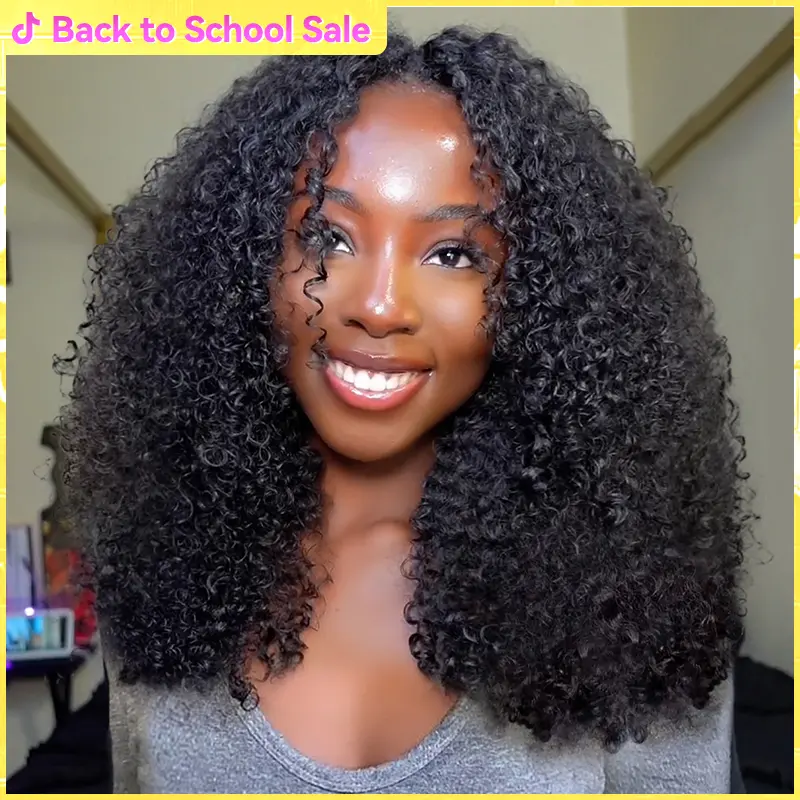 Vshow Kinky Curly Hair V Part Human Hair Wig With Drawstring All Size Fit 250% Density Glueless V Part Wig For Black Women Natural Blend Kinky Curly Wigs #DealsForYouDays