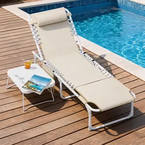 3-in-1 Outdoor Tanning Bench Chair – Face Hole, 5 Recline Positions, Folding Table, Removable Pillow – Heavy Duty Oxford Fabric, Beach, Pool, Pat – Sturdy Sun Lounger for Beach, Pool, Patio, Garden – Supports up to 330lbs – Beige