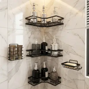 BLACK Caddy Shower Storage 5-Piece Set Self-Adhesive Stainless Steel Shelf No Drilling Required Rust-Resistant Bathroom Decor Accessories Pink Shampoo Body Wash Basket Large Capacity Hollow Round Design