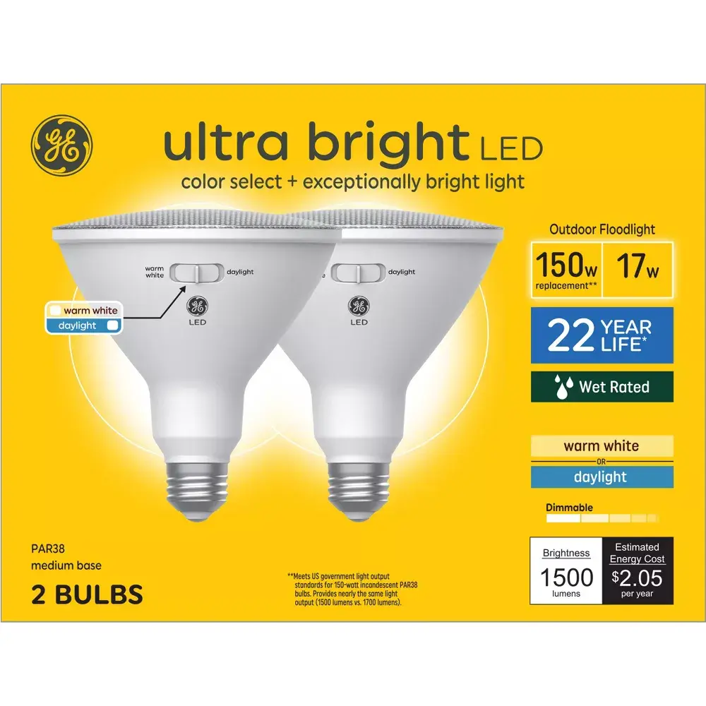 GE Household Lighting 2pk Ultra Bright Warm White/Daylight 150W Bulb PAR38 GE Household Lighting 2pk Ultra Bright Warm White/Daylight 150W Bulb PAR38