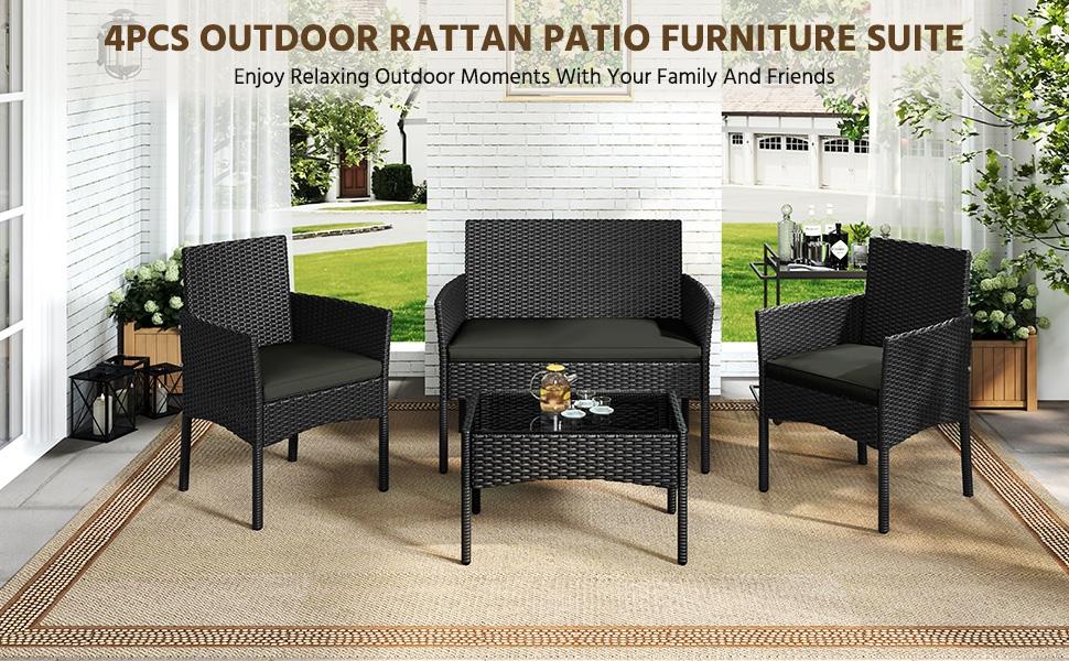 【Crazy Price】Yaheetech 4-Piece Patio Furniture Set Hand-Woven PE Rattan Conversation Set with Soft Cushions & Tempered Glass Table for Backyard Garden Poolside