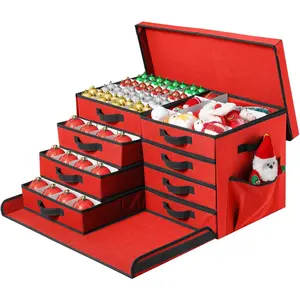 Christmas Ornament Storage Box, Stackable Organizer with Lid and Pockets, Side Open, 8 Trays, 128-3" Holiday Ornament Container with Removable Trays and Adjustable Dividers, Red