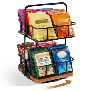Iron Art 2-Tier Tea Bag Organizer With Acacia Wood Base For Pantry