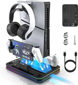 PS5 charging station, equipped with cooling fans and RGB lights, supporting dual controllers and PS Portal charger, suitable for the slim version, disc version and digital version of the integrated PlayStation 5 stand, in color RGB.