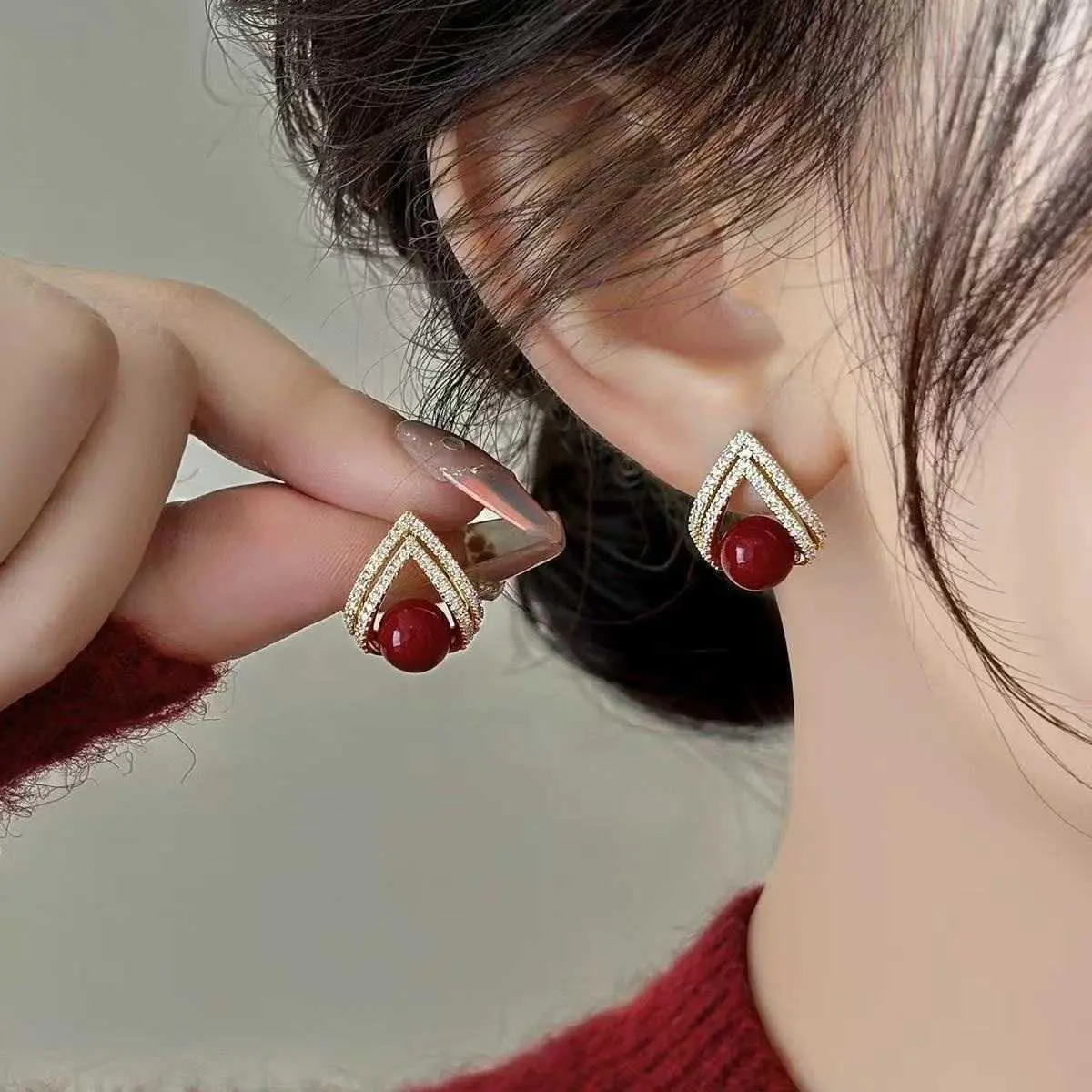 Women's Burgundy Vintage Zircon Stud Earrings - 2024 New Year Sterling Silver Costume Jewelry with Safe Material, Premium-Look, Style HNAJ99