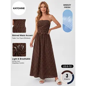 Katch Me Women's Casual Chic Sleeveless Polka Dot Cinched Waist Maxi Tube Dress - Classy Casual Dress with Flattering Pleats, Skin-Friendly Backless Design, Lightweight Breathable Fabric for Summer Beach Holiday