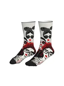 Women White Background Black White Red Stylish Girl With Polka Dot Bow Mid Calf Socks Modern Feminine Streetwear Socks
