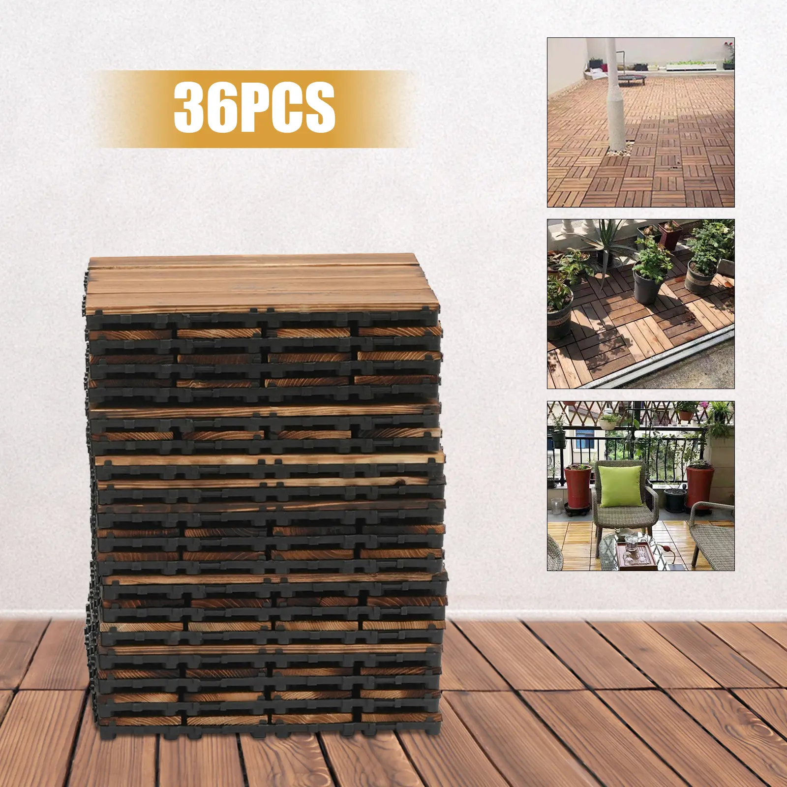 CNCEST 36pcs 12x12in Interlocking Carbonized Camphor Pine Wood Deck Tiles, Outdoor Brown PE & Stainless Steel Patio Flooring Pavers, Easy Install, Classic Design, Smooth Surface, Good Drainage, 6613lbs Strong Bearing Capacity