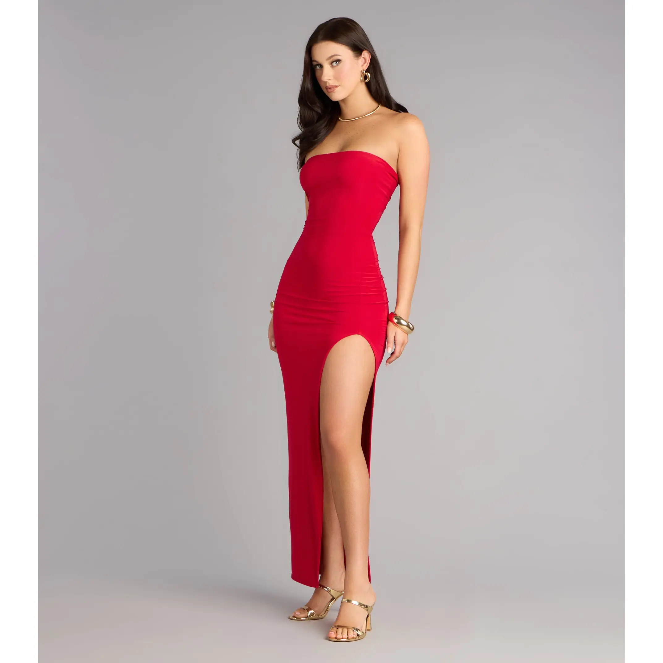 Sleek Fit Strapless High Slit Maxi Dress - TikTok Shop Sleek Fit Strapless High Slit Maxi Dress - TikTok Shop