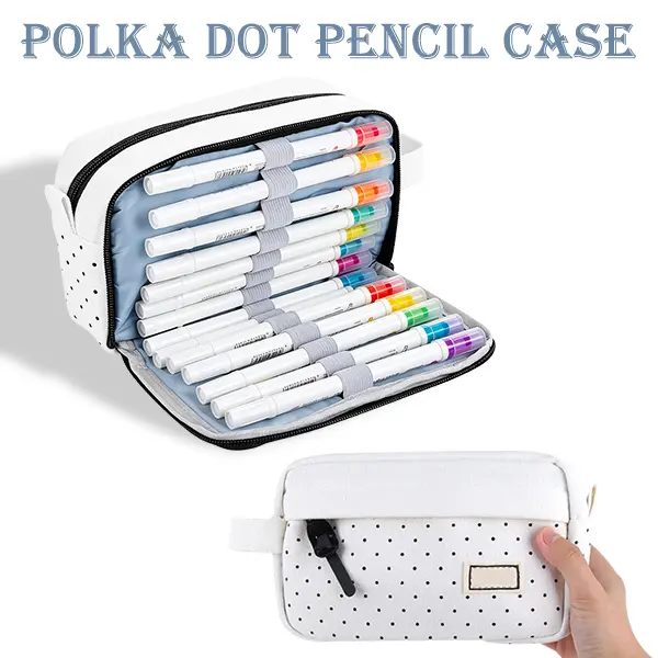 White Polka Dot High Capacity Pencil Case, Durable Pen Pouch Organizer, Portable Aesthetic Supplies Bag with Handle Loop for Adults Students
