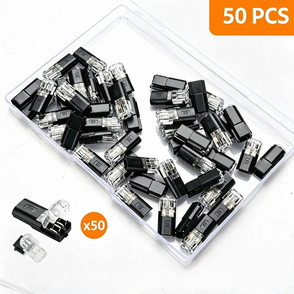 50Pcs 2-Pin Solderless LED Strip Connectors with Copper Contacts, Weatherproof Plug-and-Lock Buckle Low Voltage Tools for 12v/24v 20-22awg Wires, Boat & Landscape Lighting DIY Projects