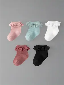 5 Pairs Lace Trim Kids Socks, Sweet Princess Style, Soft Skin-Friendly, Daily Wear for Girls, Cute, Children Short Socks Set, Soft Comfy Socks