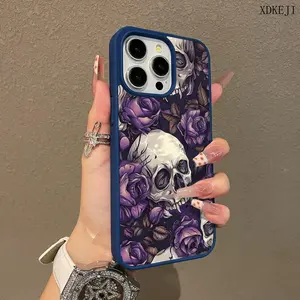 Purple Rose Skull Pattern Premium Magnetic Phone Cases for iPhone 17 Air 16 15 14 Pro Max 13 12 11 Plus Smartphone Shockproof Protection Acrylic Cover Cellphone Protective magsafe magnetic case Aesthetic Resistance Casing