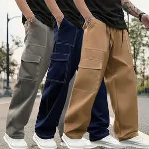 Men's 3-Pack Simple & Stylish Work Pants - Contrast Stitching Design, Multi-Pocket Layout, Drawstring Waistband, Streetwear Pants with Casual Versatility & Everyday Wearability