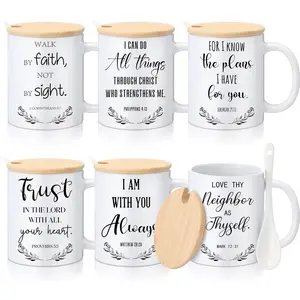 6 Sets Christian Gifts Bulk Christian Coffee Mugs 12oz  Verses Ceramic Mug with Lid and Handle Spoon  Verse Inspirational Cups for Church Sunday School Supplies(English)