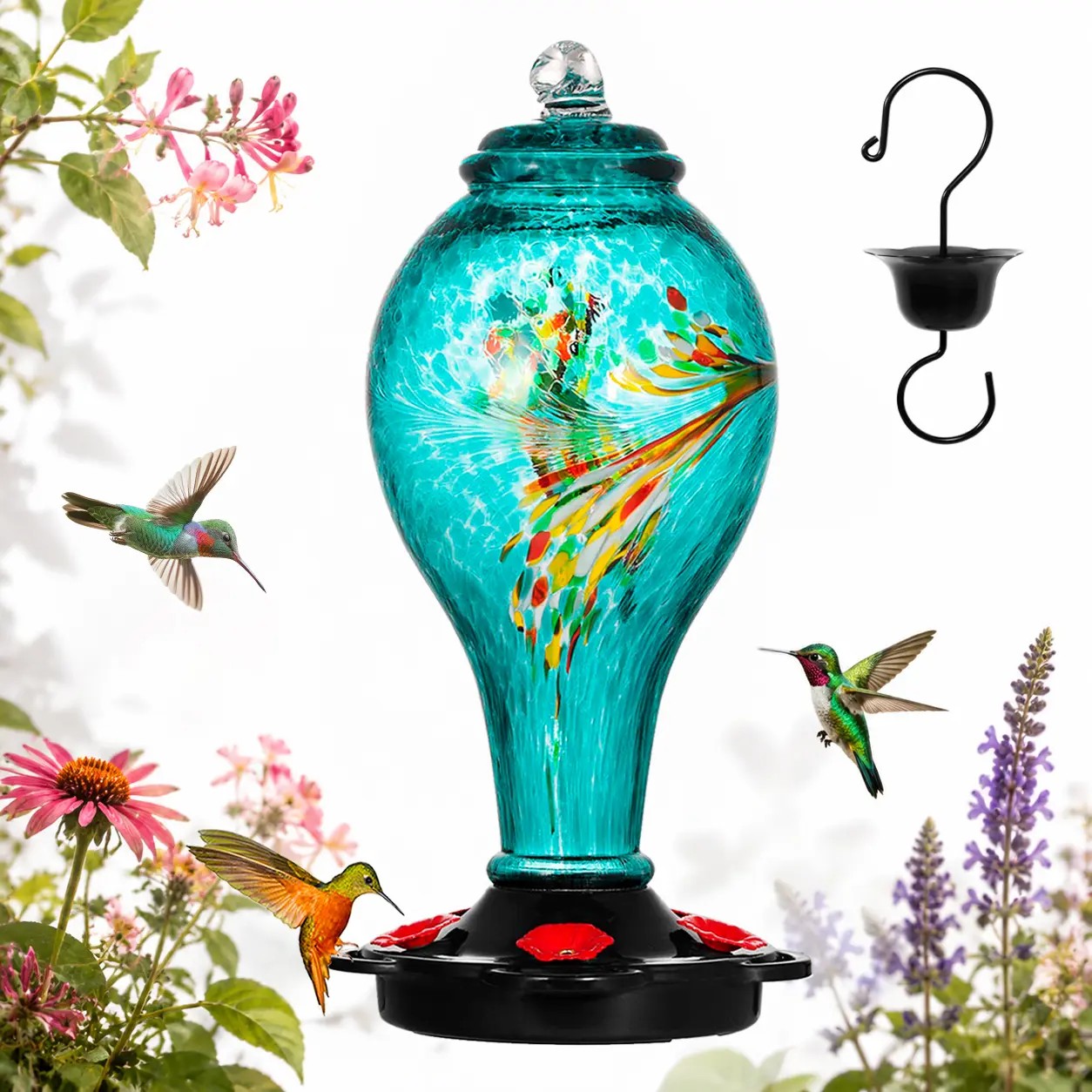 Hand-Blown Glass Hummingbird Feeder – 36oz Large with 5 Feeding Stations, Leak-Proof & Fade-Resistant, Built-in Ant Moat, Outdoor Garden Décor & Gift for Bird Lovers