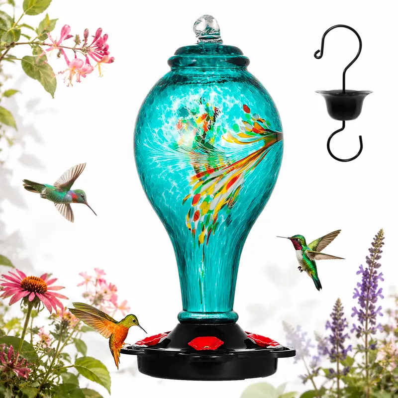 Hand-Blown Glass Hummingbird Feeder – 36oz Large with 5 Feeding Stations, Leak-Proof & Fade-Resistant, Built-in Ant Moat, Outdoor Garden Décor & Gift for Bird Lovers