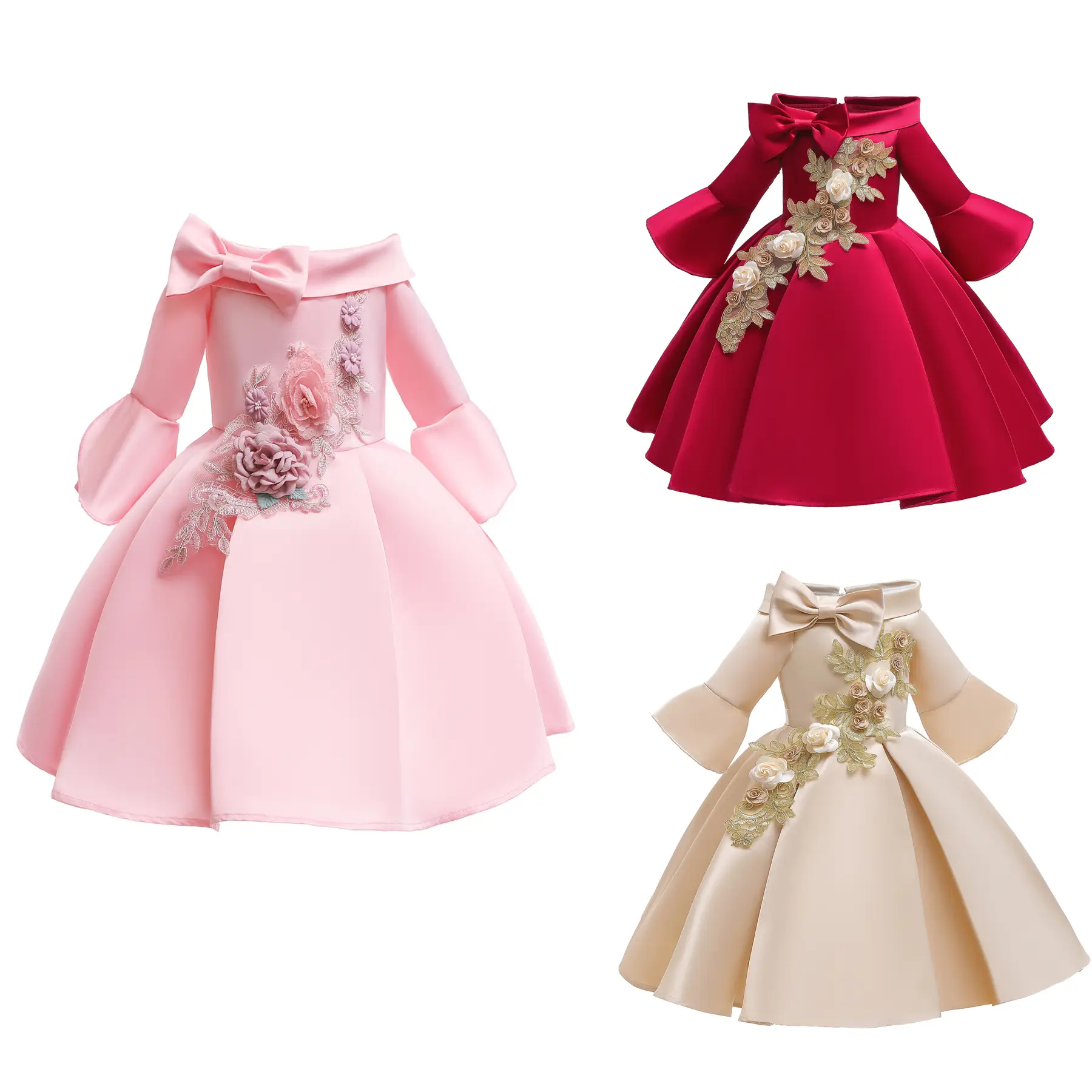 Princess Dress For 2-10Y Little Girls Embroidery Bow Long Sleeve Round Neck Dress Performance One Piece Party Dress ZT-3192 Baby Clothing girlclothes