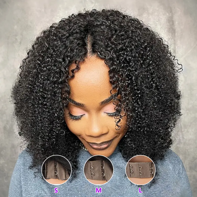 Elisheva Afro Curly V Part Wig 3-IN-1 Easy Fit Wig Afro Kinky Human Hair Glueless Wigs Ready To Go Protective Style Half Wig For Women Drawstring Wig