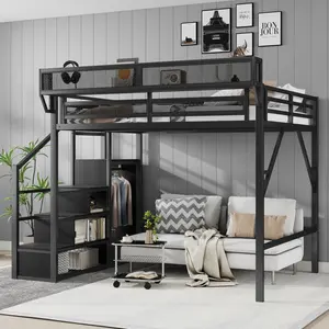 Queen Size Loft Bed with Stairs, Heavy-Duty Meta Loft Bed Frame with Storage Shelves, High Loft Bed with Wardrobe for Kids Teens Adults, Noise Free, Black