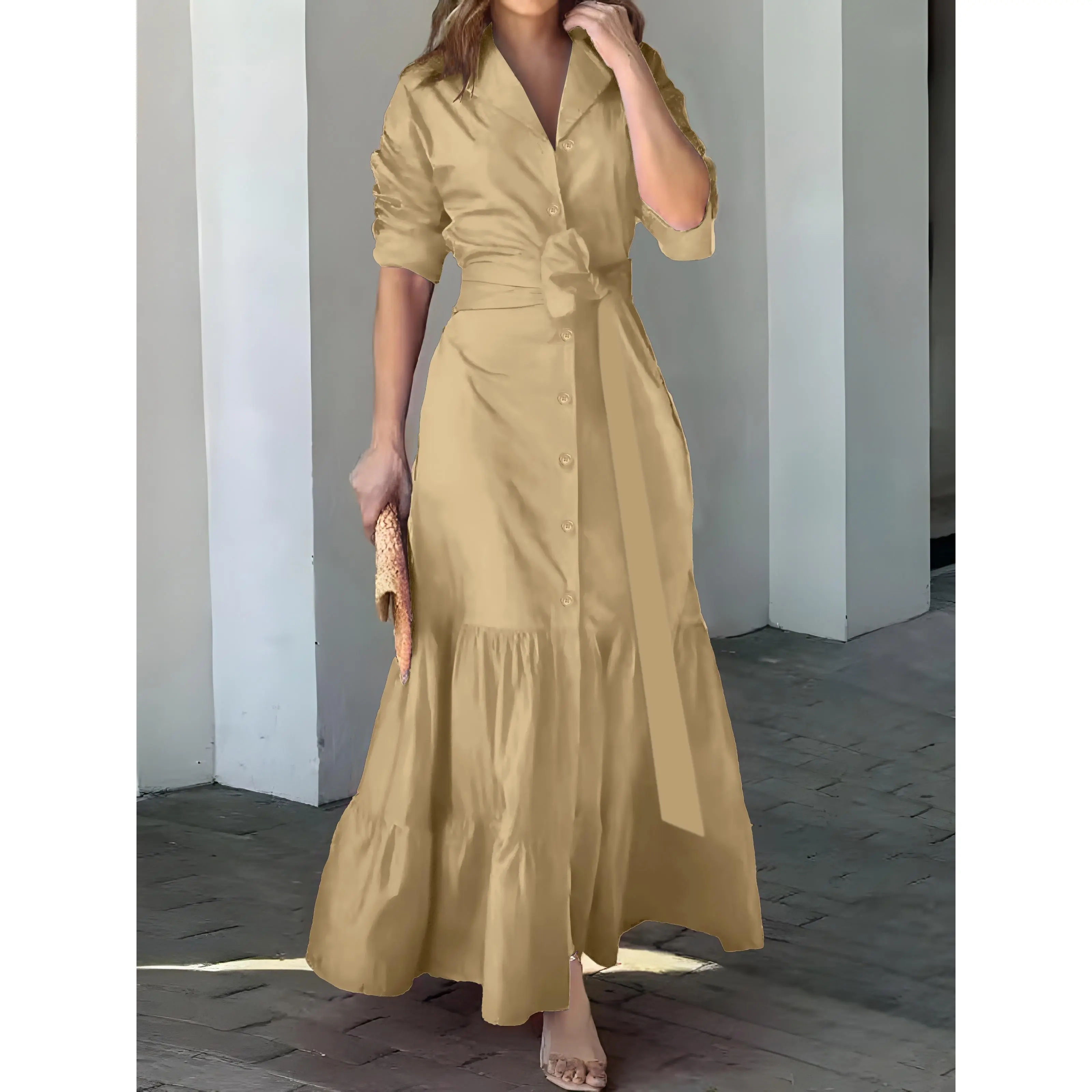 Solid Button Front Belted Dress, Elegant Ruched Sleeve Ruffle Trim Maxi  Dress - Women's Clothing - Elegant & Flowy Design - For Special Occasions &  Parties - Perfect Gift for Women - TikTok Shop