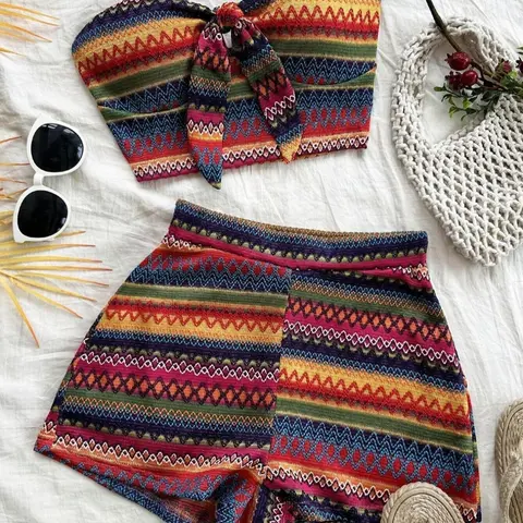 Women's Rainbow Striped Knit Halter Top Matching Set with High Waist Fitted Shorts, Strapless, Perfect for Holiday Travel, Vacation Boho Bohemian Style, Summer Outfits Set, Striped Knit Sets, 2 Piece Fashion Clothes Womenswear