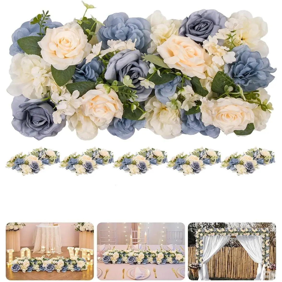 6-Pack Lightweight Artificial Flower Garland Set, Decorative Faux Silk Vines & Floral Runner Ornaments for Wedding Arch, Table & Outdoor Furniture Decor, Champagne-Blue