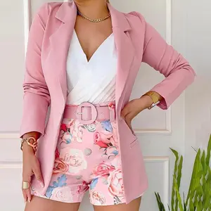 Live Only 2026 ChicMe Women's Long Sleeve Blazer & Floral Print Shorts Set With Belt