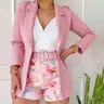 CHICME 2026 Women's Longsleeves Blazer & Floral Print Shorts Set With Belt - Feminine Elegant Style Colorful 2-Piece Suit For Outdoor Wear