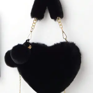 Plush Heart Shaped Handbag - Girls Elegant Creative Plush Heart Crossbody Bag with Chain Shoulder Design, Soft Cow Hide, and Decorative Charm