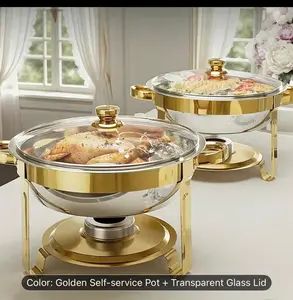 Stainless Steel Insulated Chafing Dish Set with 2 Golden Serving Tongs- Golden Stainless Steel Frame , Lid Rest & Glass Lid Included  , 95% Pre-asssembled , Perfect for family  Gatherings ,Parties , Weeding & Christmas ,Only for cooking fodd Warmer/chafin