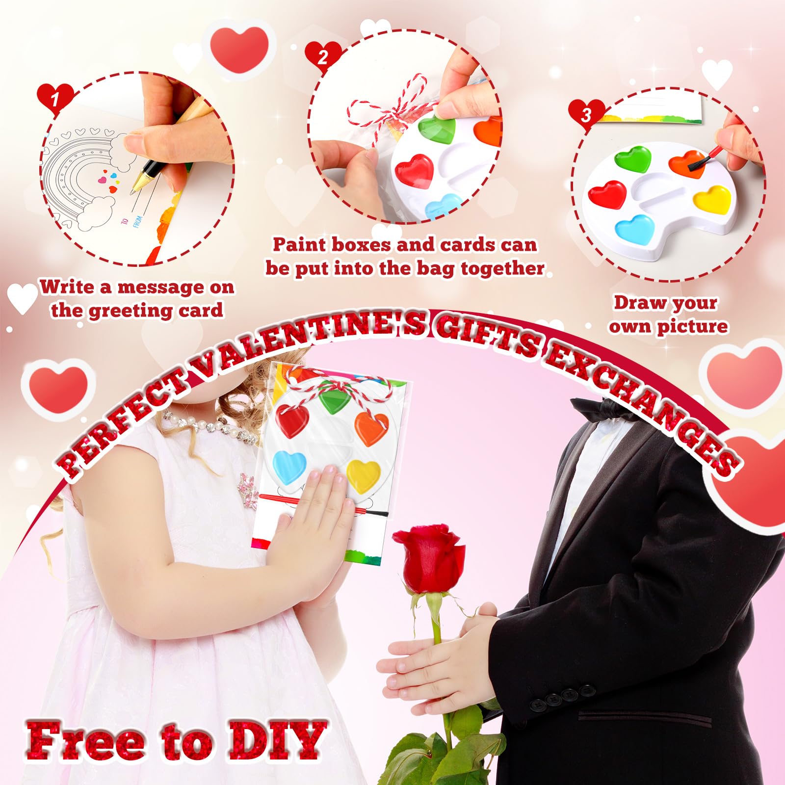 18/36 Pcs Mini Watercolor Paint Sets Valentines Day Gifts Bulk for Kids Valentines Cards Include watercolor Paint and Canvas Panel with Wooden Easel Brush Kit for School Classroom teacher students Holiday Gifts