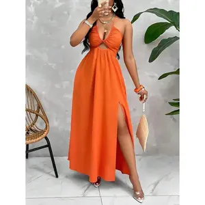 Crisscross Tie Backless Halter Swing Dress Maxi Women Outfit Casual Womenswear