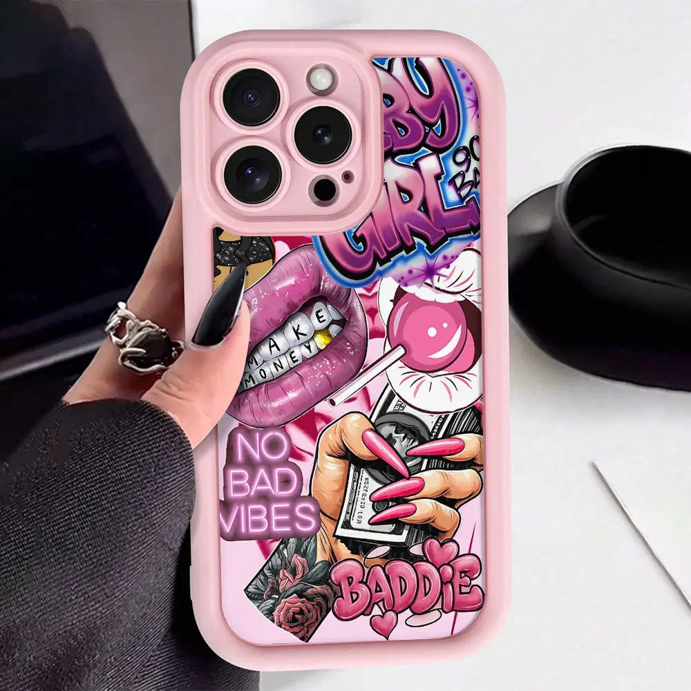 Urban Graffiti Lip & Money Art Pink Frame Matte Phone Case Compatible with iPhone 17 ProMax / 16 ProMax / 15 ProMax / 14 ProMax / 13 ProMax and Samsung Galaxy S26 Ultra / S25 Ultra / S24 Ultra / S23 Ultra / S22 Ultra