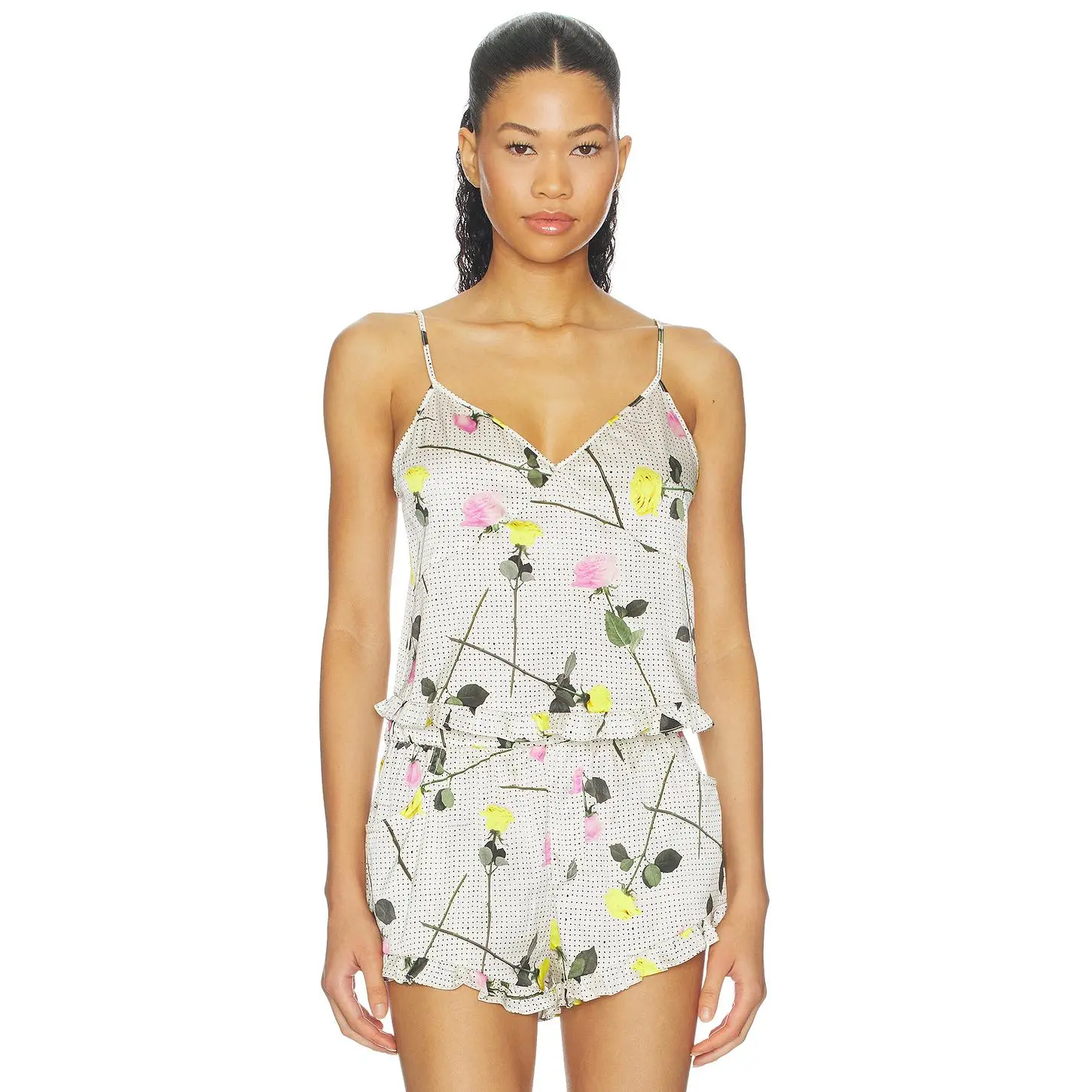 fleur du mal Ruffle Cami Top in Yellow Tossed Roses