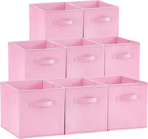 11 Inch Cube Storage Bins, 8 Packs Storage Cubes Foldable Decorative Fabric Storage Baskets for Organizing Home Organizers with Handles for Shelves, Closet, Pink