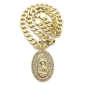 MaxBling81 Unisex Hip Hop Gold Plated Metal Virgin Mary/Guadalupe Oval Pendant & Cuban Chunky Chain Link Necklace, 10mm 18"-30" Multi-Size, Gold Statement Chain for Daily Wear