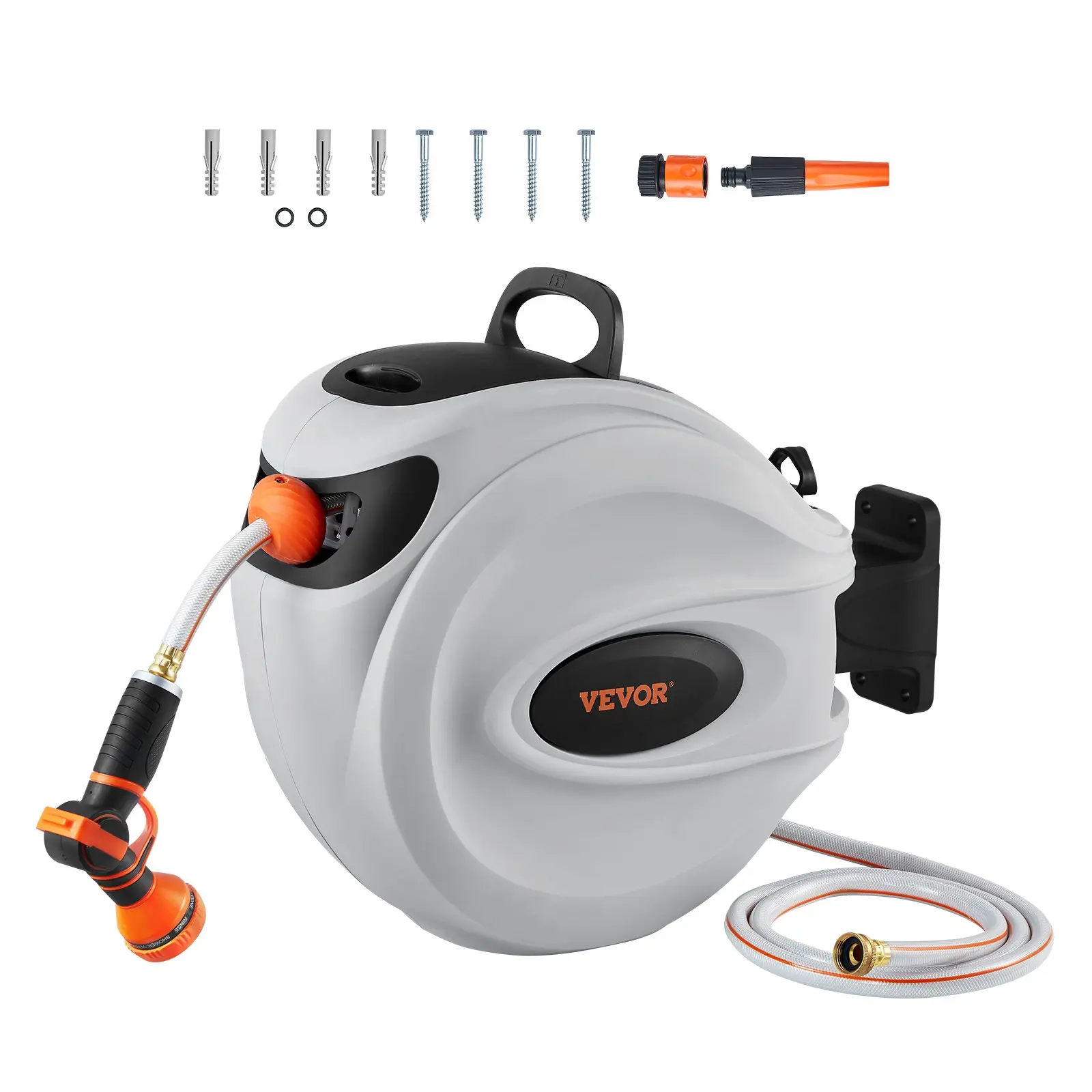 VEVOR Outdoor Wall-Mounted 3-Layer PVC Hose Reel, 65 ft x 5/8 in, 180° Swivel Bracket Angle, Automatic Rewind, Lock-at-Any-Length, Slow Rewind System, 9-Setting Garden Water Nozzle, 200psi, All-Weather Purpose Shell, for Lawn, Washing Car