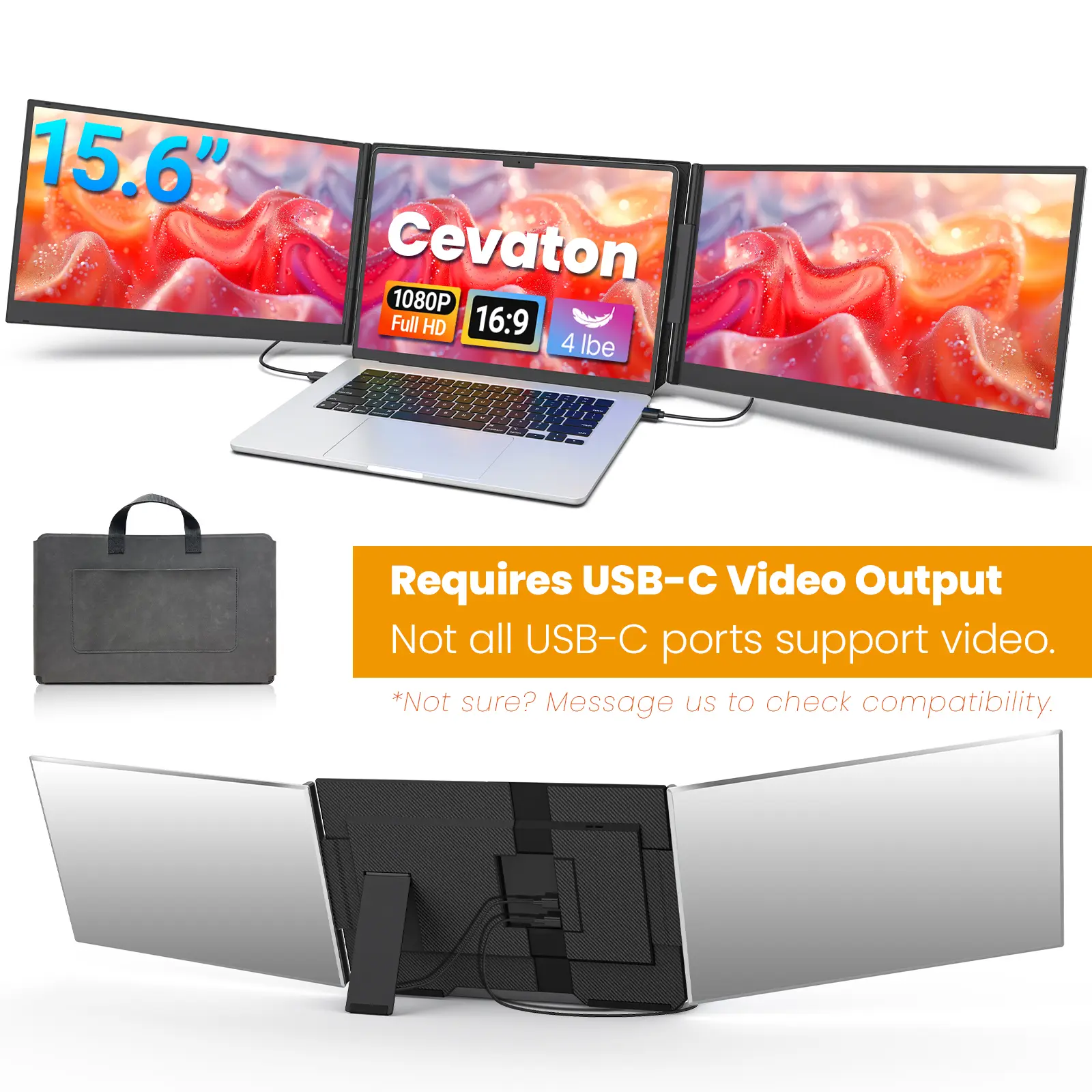 Cevaton 15.6" Dual Laptop Screen Extender for Premium & Pro Laptops, Portable Monitor for 13"-17.3" Laptops, Requires USB-C Display Support & Dual External Displays, Not for Entry-Level Laptops, Compatibility Check Available, 4 lbs,#TikTokBackToSchool