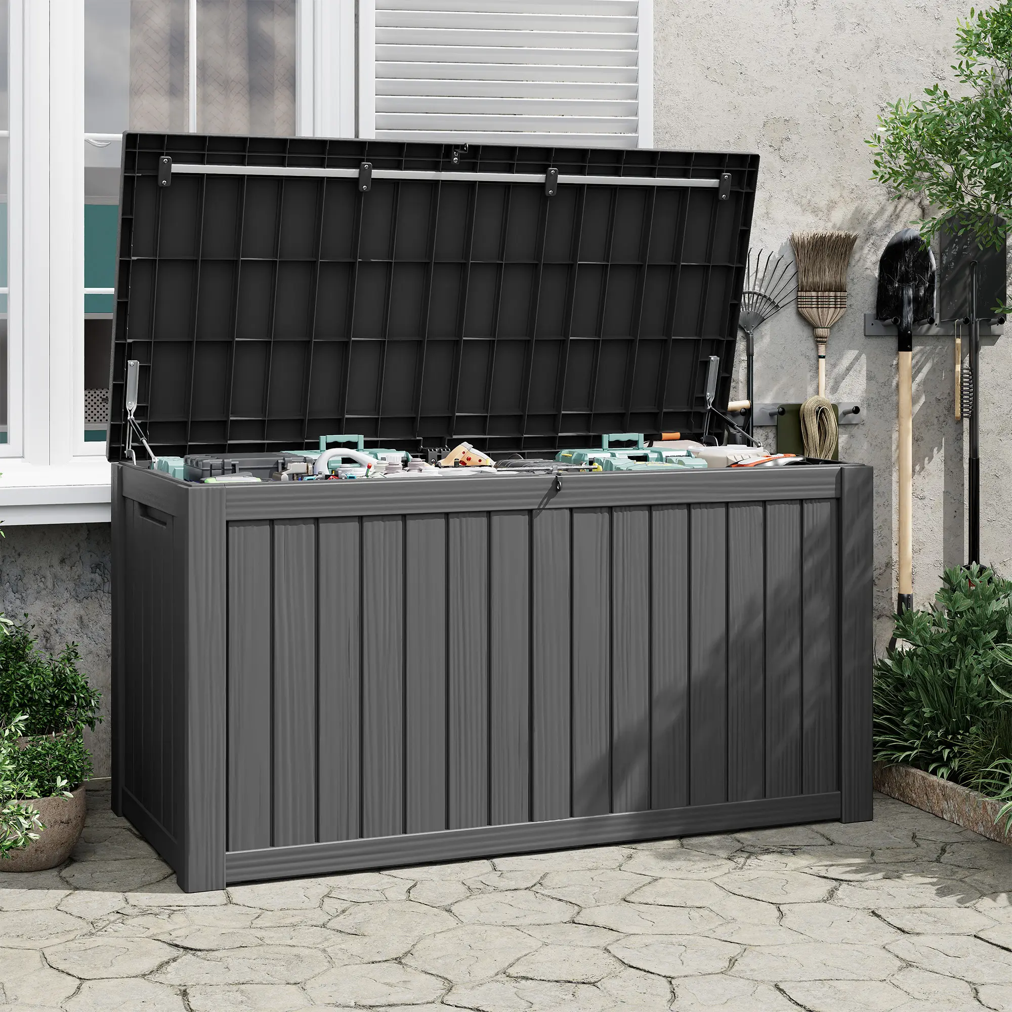 150 Gallon Outdoor Storage Box – Waterproof Resin Deck Box with Simulated Rattan Woven Design for Patio & Garden, Summervibes