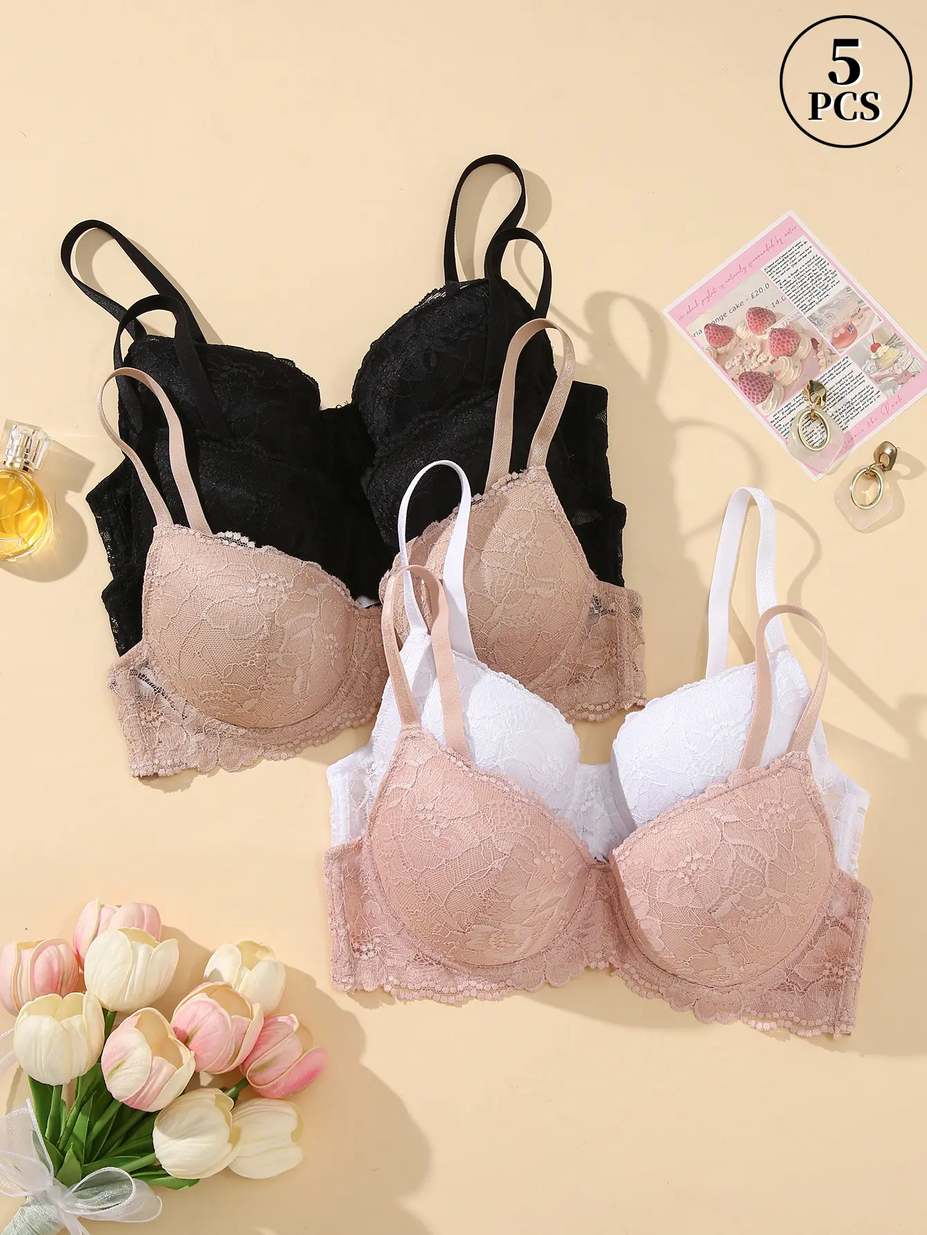 MIMILEMON Women's 5PCS Minimalist Lace Push-Up Bra Set - Solid Underwire Casual Underwear with Adjustable Straps, Ideal for Halloween, Thanksgiving, Family Gifting, Uniform & Basic Everyday Use, Christmas, Birthday