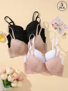 5PCS Lace Push-Up Underwire Bra Set - Anti-Sagging, Breathable Comfort, Solid Color Elegant Versatile, Adjustable Straps, Everyday & Special Occasions