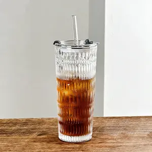Stylish Embossed GlassTumbler 530ml with Sealed Lid & Glass Straw, Leak-Proof Travel Coffee Cup for Iced Coffee, Tea and Juice, TikTok Viral Aesthetic DrinkingGlass, Eco-Friendly Reusable Cupfor Daily Use, Perfect for Kitchen Desk and On-the-Go Lifestyle