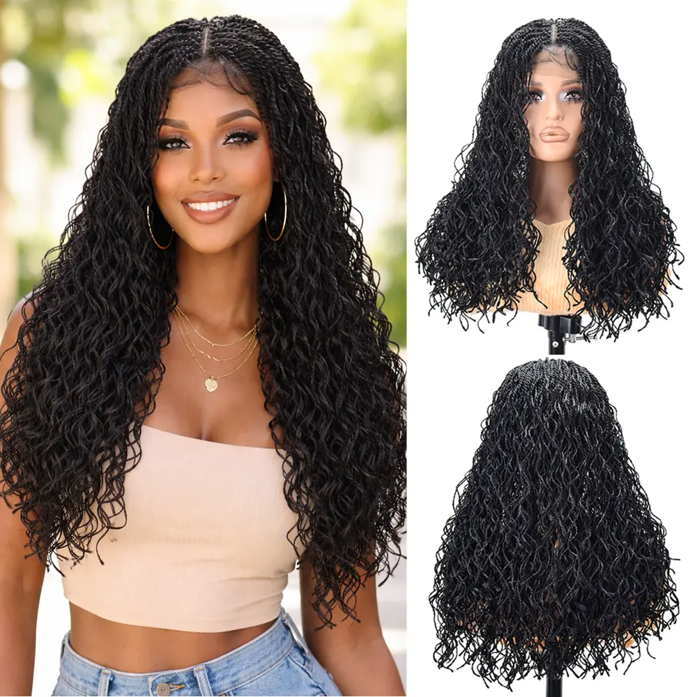 22 Inch Full Lace Braided Wig for Black Women, Senegalese Twist Braids Wig with Curly Ends, African Braided Wig Synthetic Lace Front Wig Natural Hairline Pre-Plucked, Protective Style Wig afro summerwins